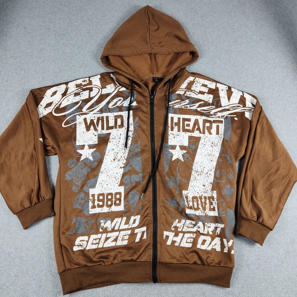 Romwe Hoodie Mens Medium Brown Hero Of Faith Graphic Print Streetwear Full Zip